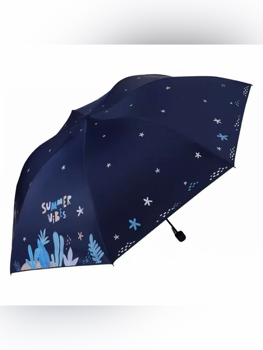 UV Protection Navy "Summer Vibes" Umbrella - Fun Star & Plant Print